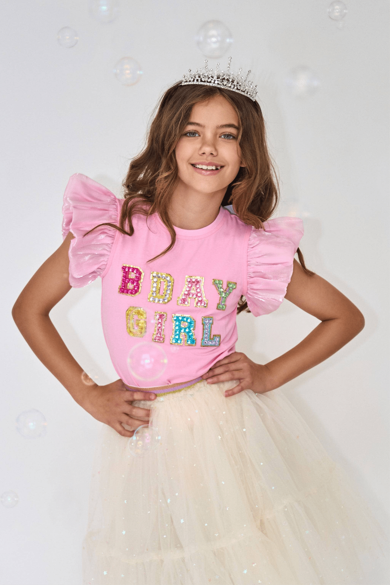 Pink Birthday Girl Gem Ruffle Tee