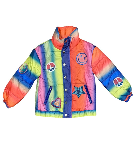 Rainbow Puffer Coat With Patches