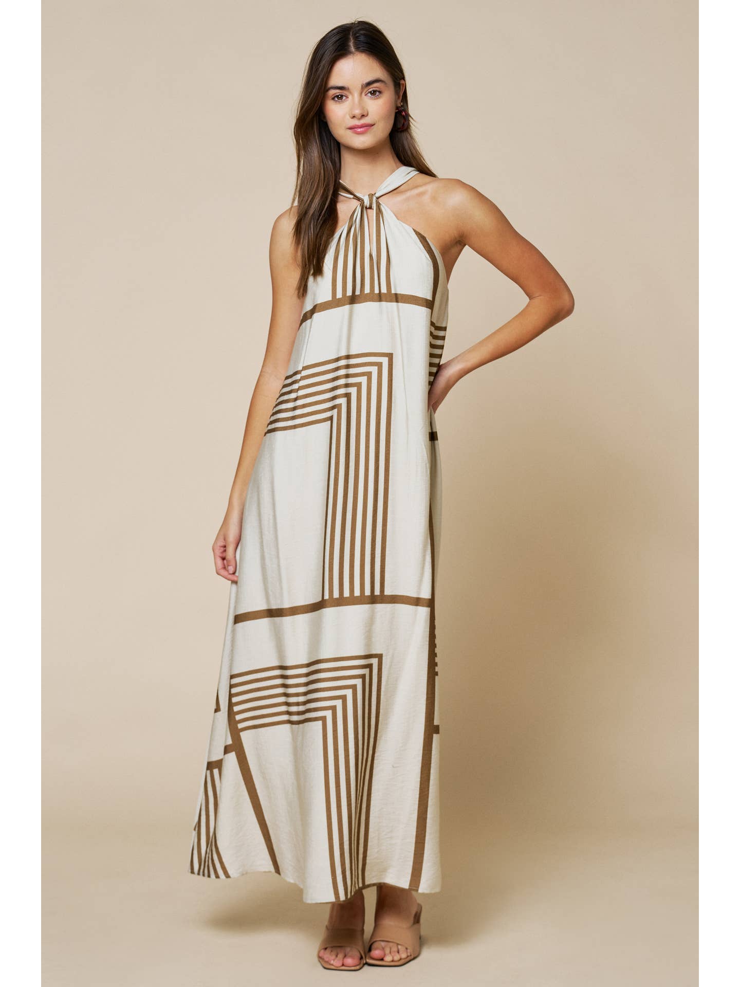 Taupe Geo Print Halter Maxi Dress