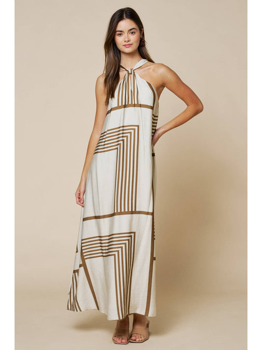 Taupe Geo Print Halter Maxi Dress