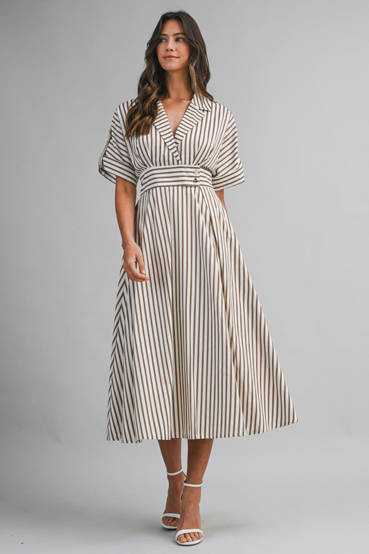 Brown Stripe Fitted Midi Dress