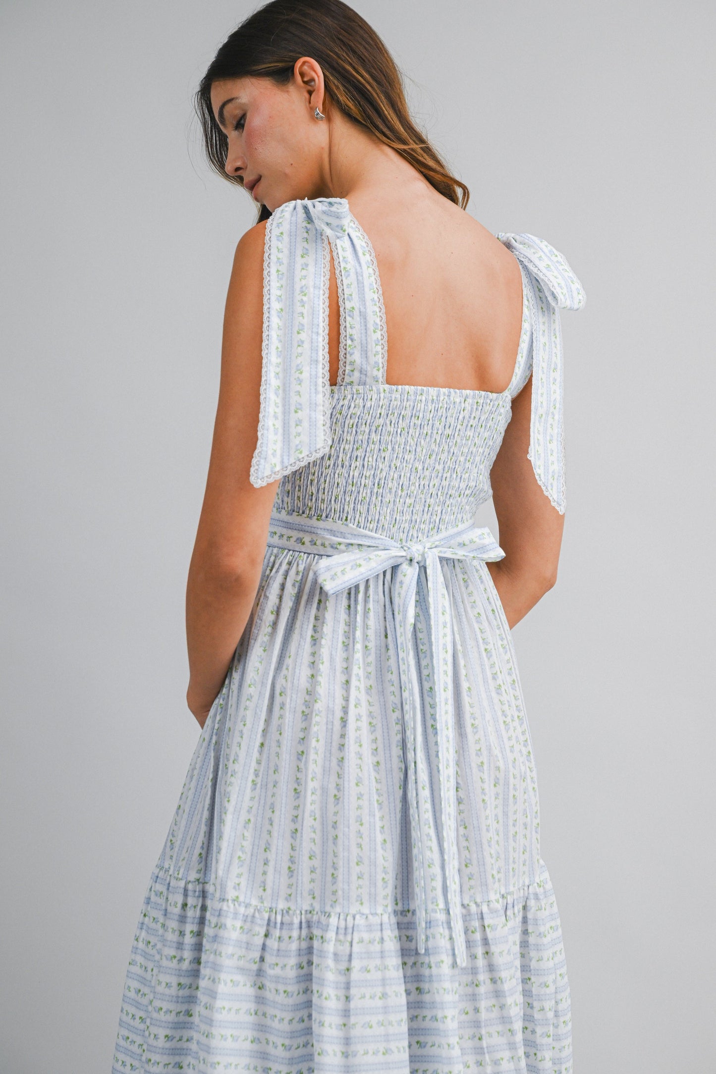 Blue Wallpaper Floral Tiered Midi Dress