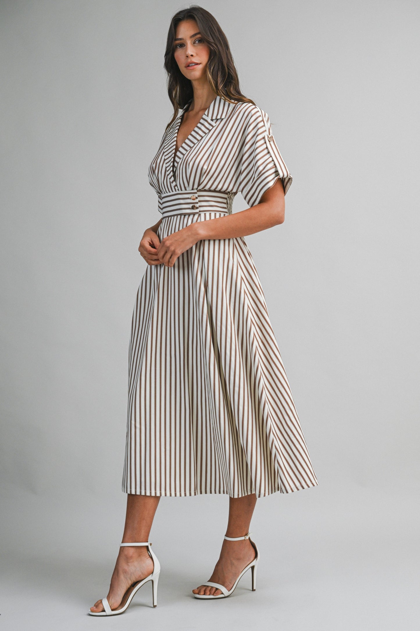 Brown Stripe Fitted Midi Dress
