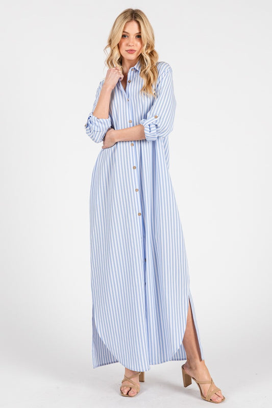 Blue Stripe Button Down Maxi Dress