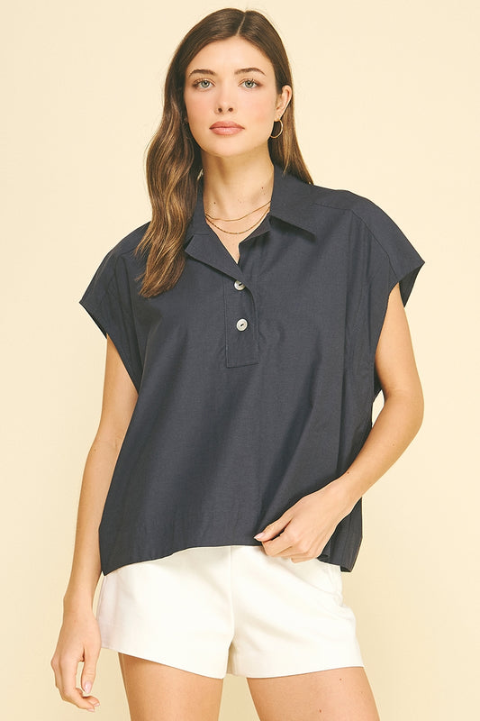 Navy Solid Cap Sleeve Blouse