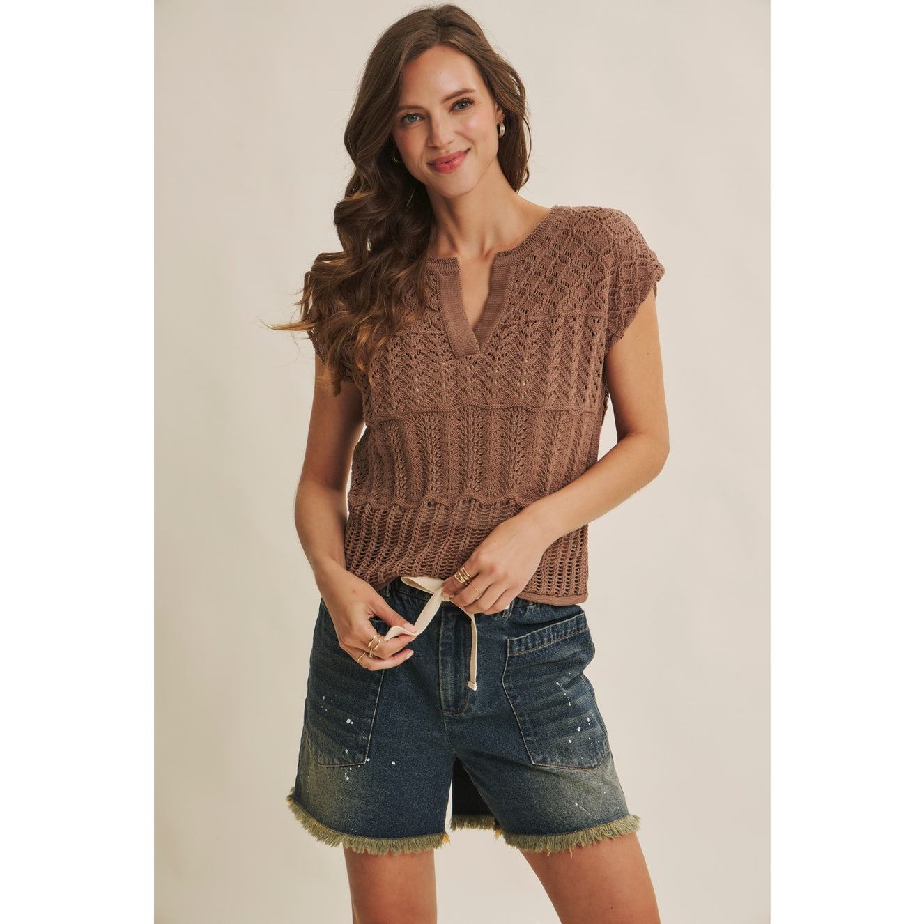 Mocha Knit Pointelle Crochet Sweater