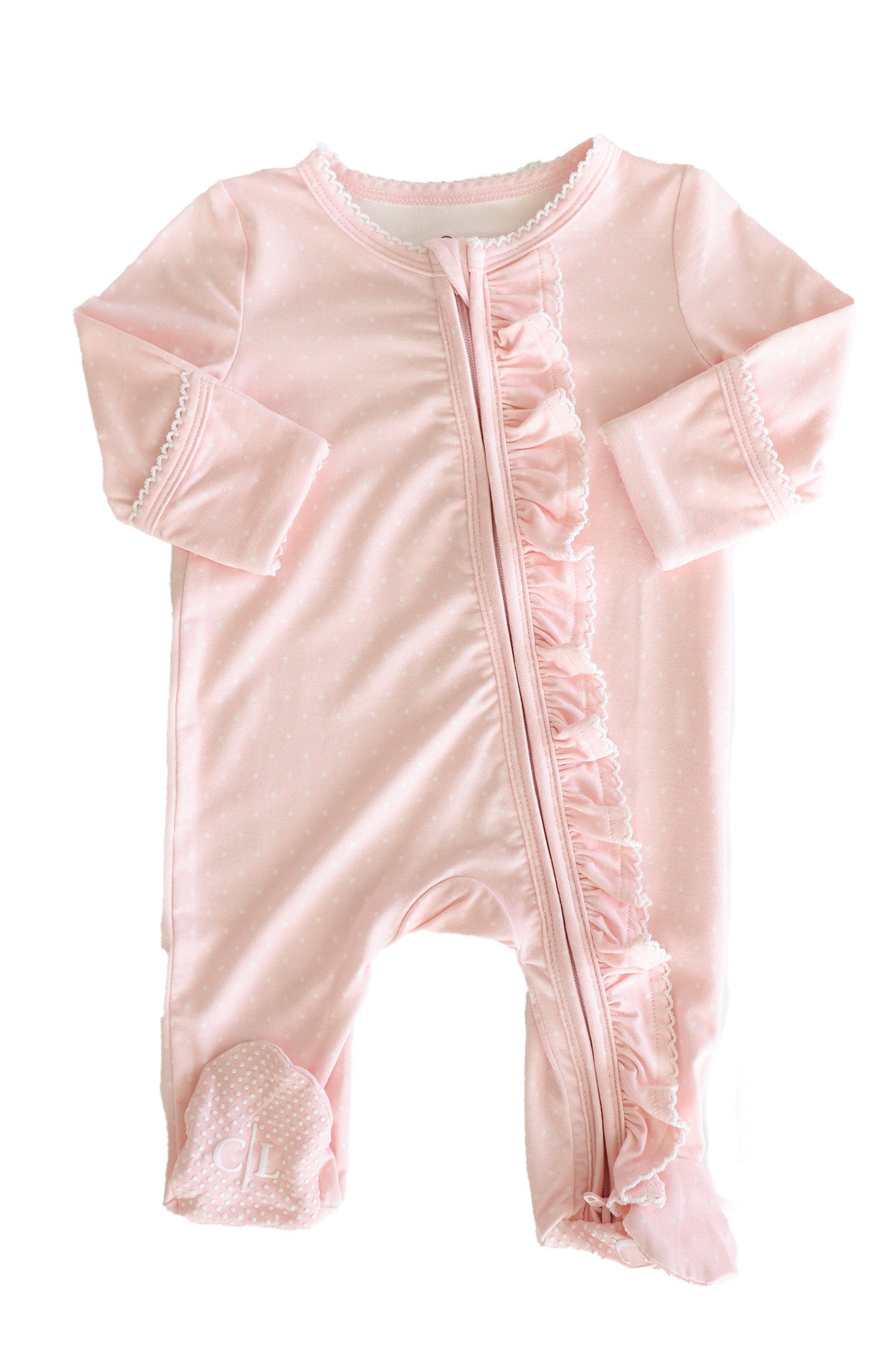 Pink Dot Picot Trim Zipper Footie