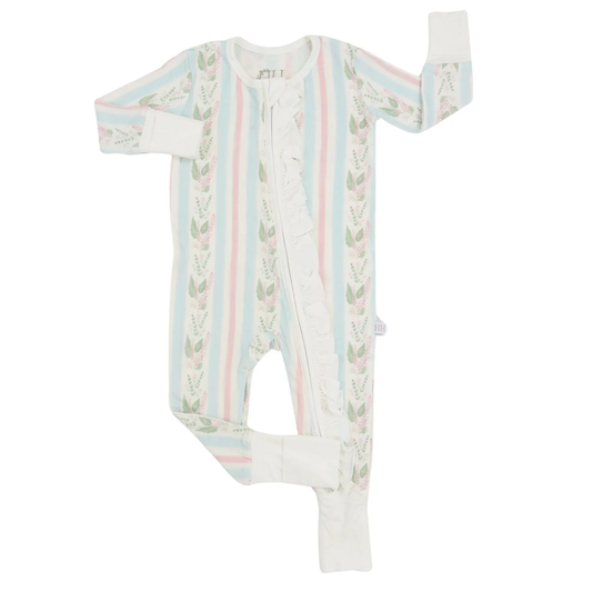 Blue Floral Stripes Ruffle Double Zipper Romper