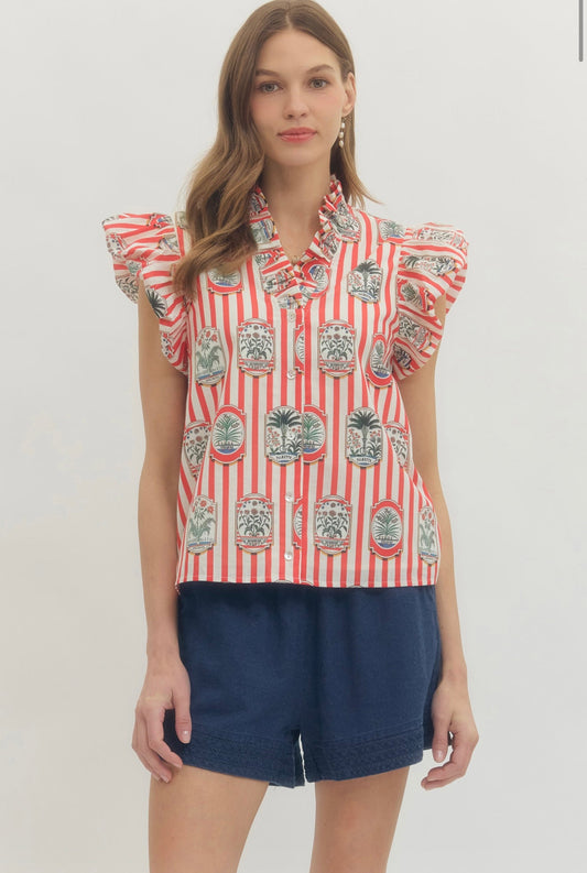 Red Stripe Floral Print Top