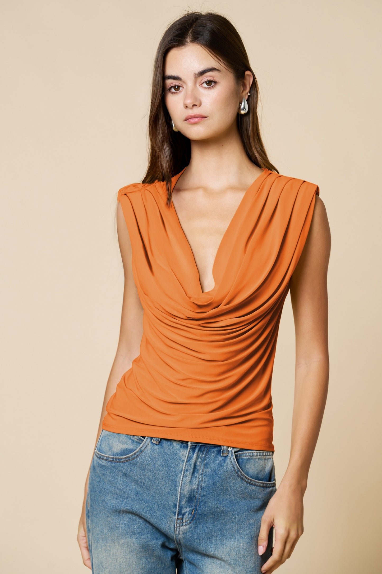 Apricot Cowl Neck Sleeveless Top
