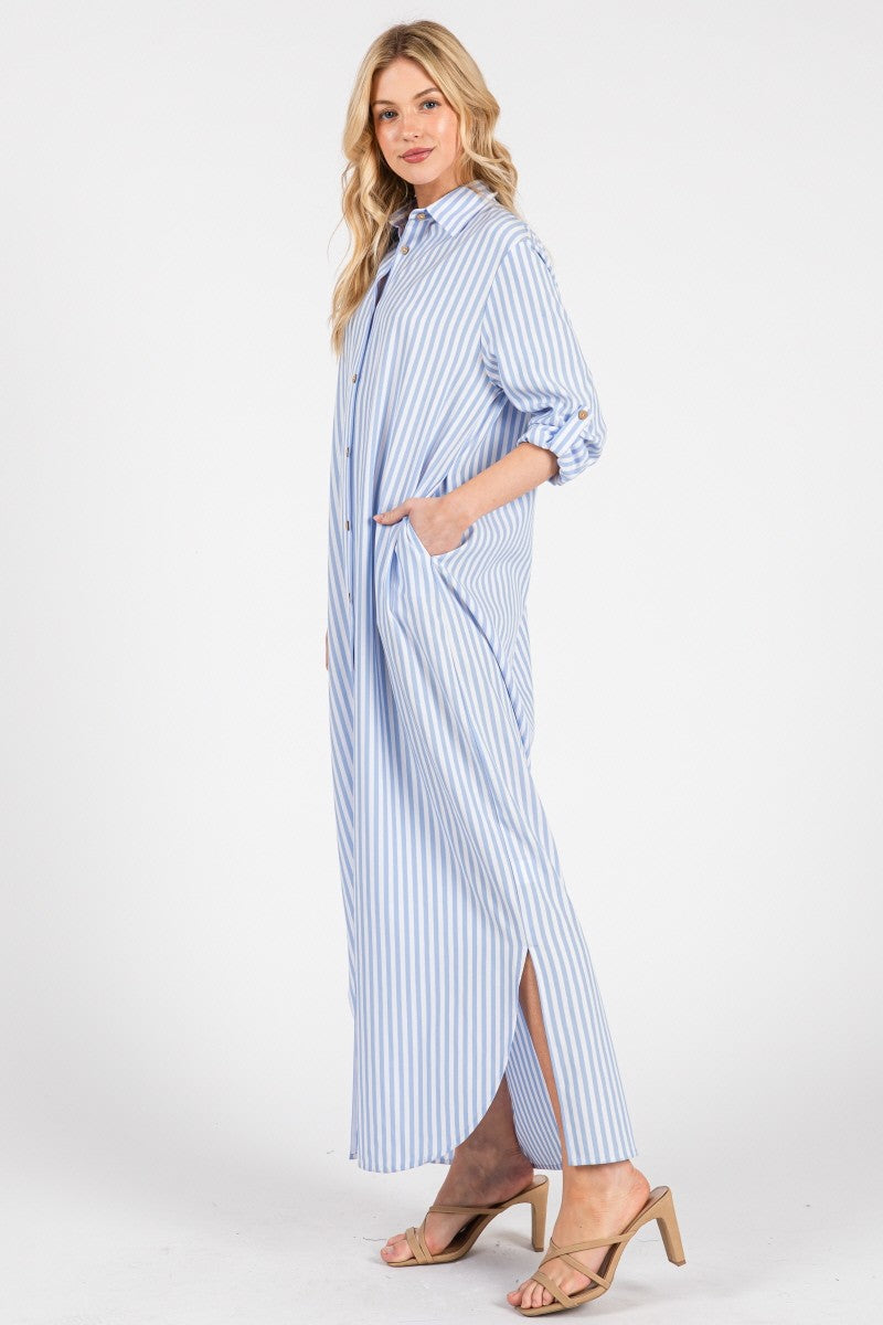 Blue Stripe Button Down Maxi Dress