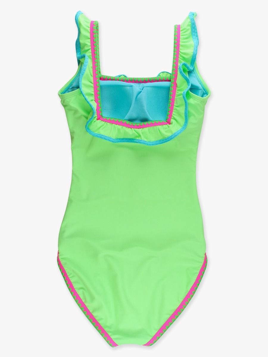 Neon Honeydew Women's Crochet Ruffle One Piece Swimsuit