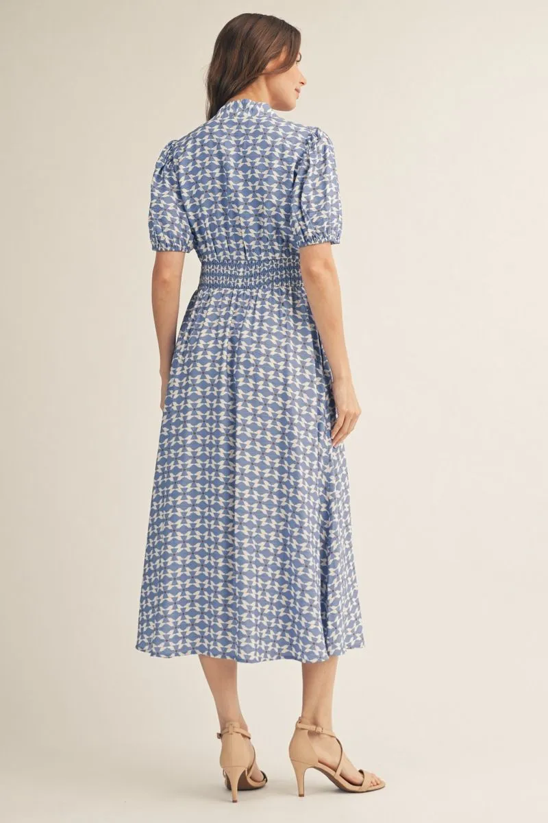 Blue Geo Print Midi Dress