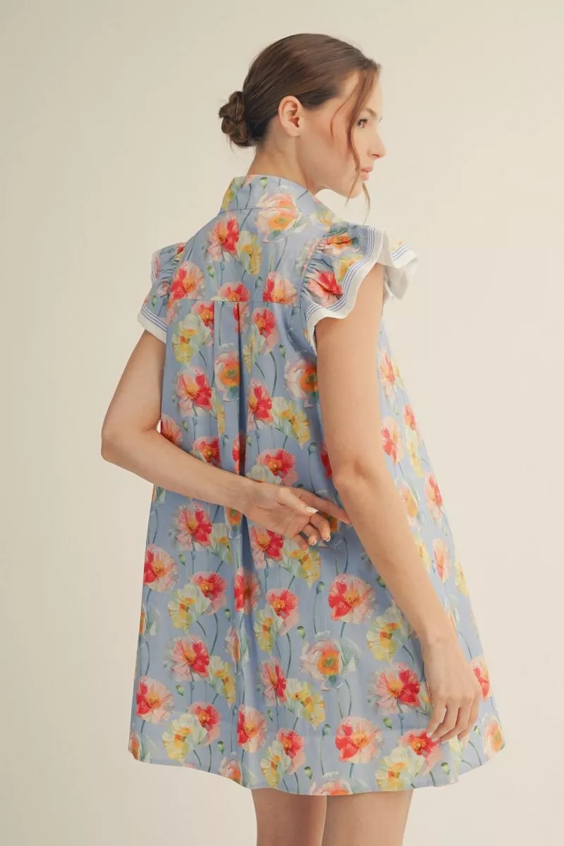 Blue Cap Sleeve Floral Dress
