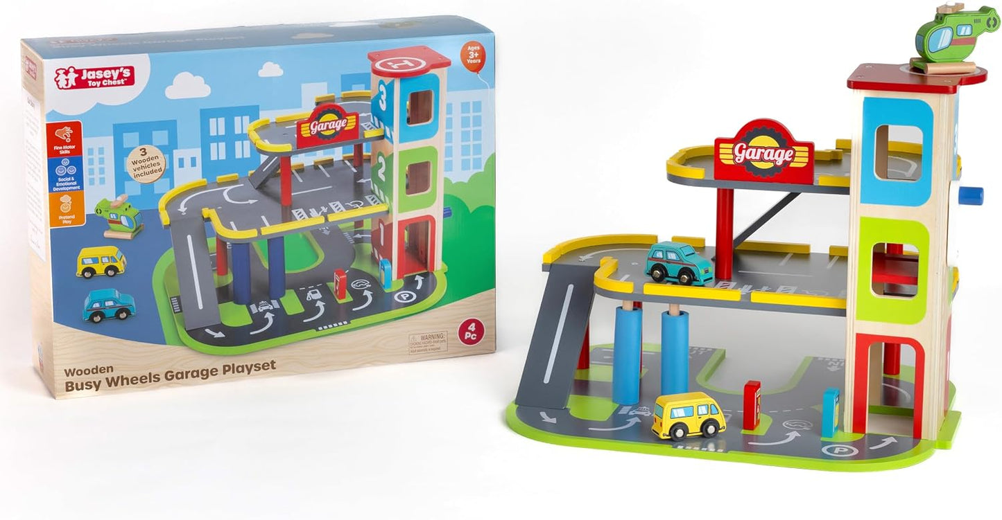 Wooden Busy Wheels Garage Playset