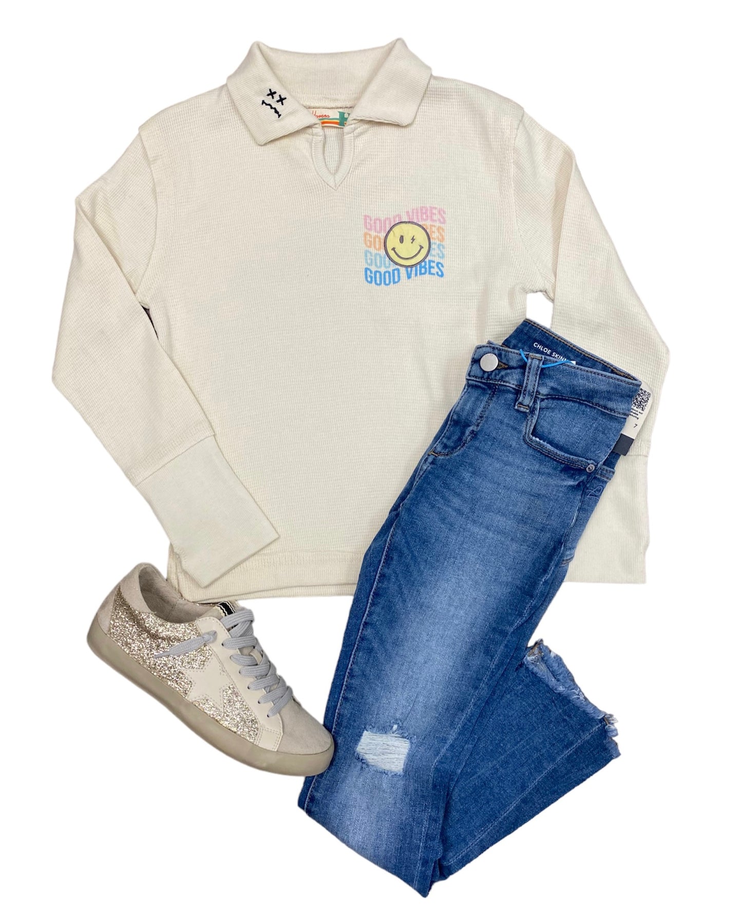 Embroidered Good Vibes Cream Polo