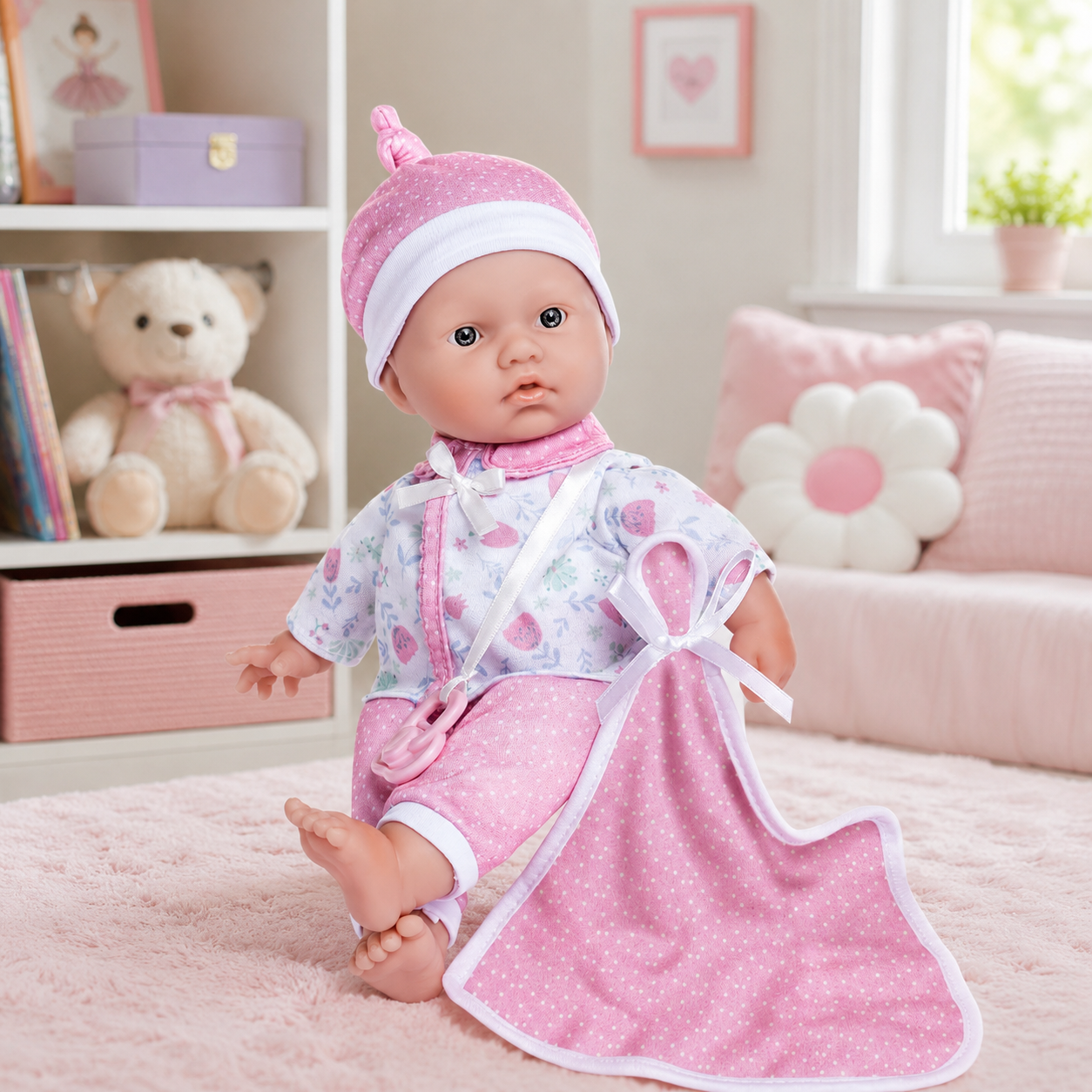 11" Baby Doll White/Pink W/ Blanket