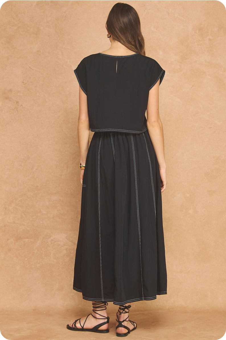 Black Contrast Stitch Skirt Set