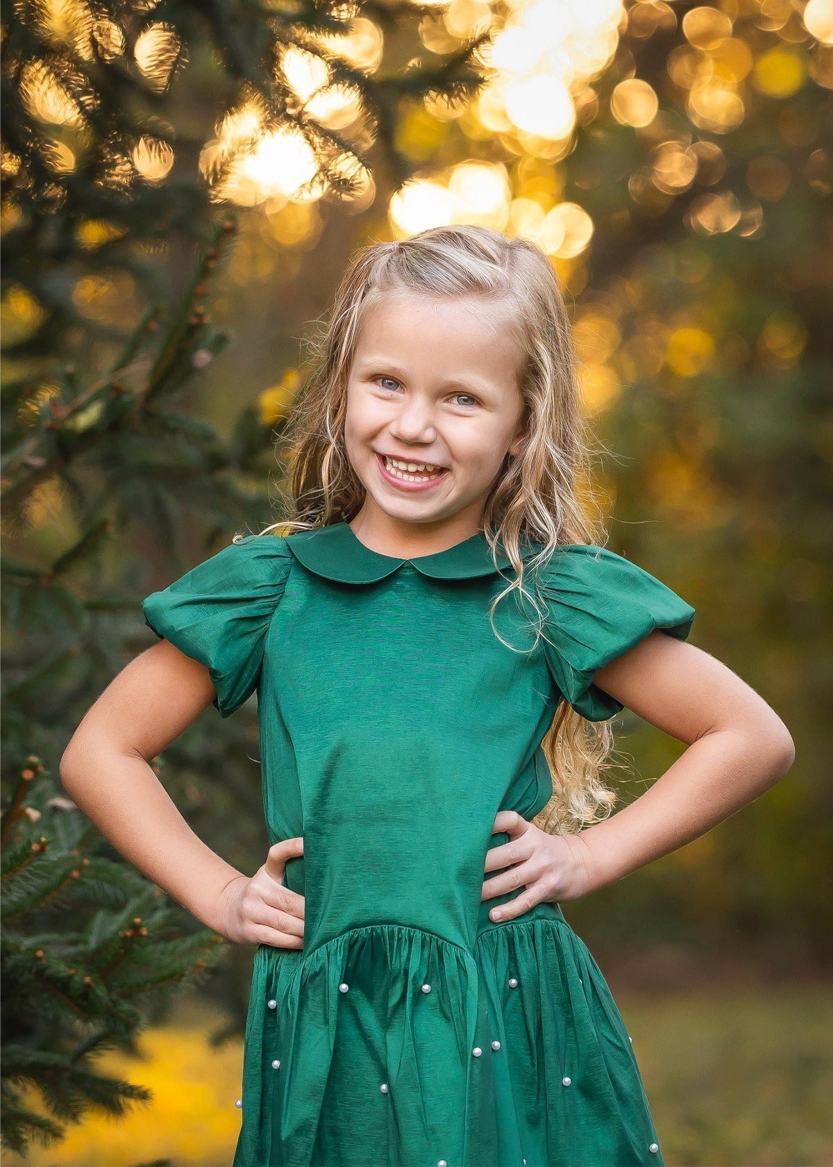 Green Pearl Embellished Drop Waist Dress