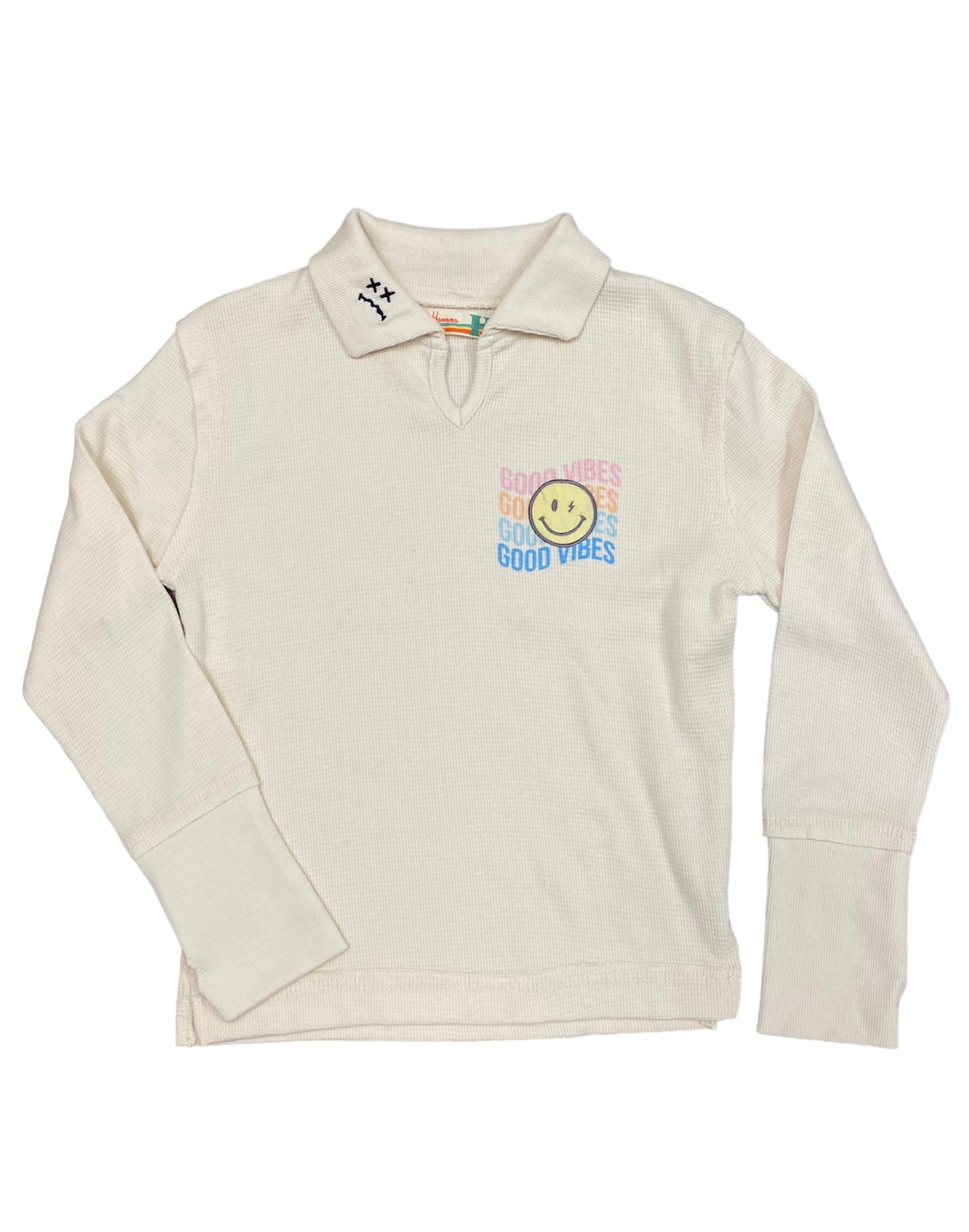 Embroidered Good Vibes Cream Polo