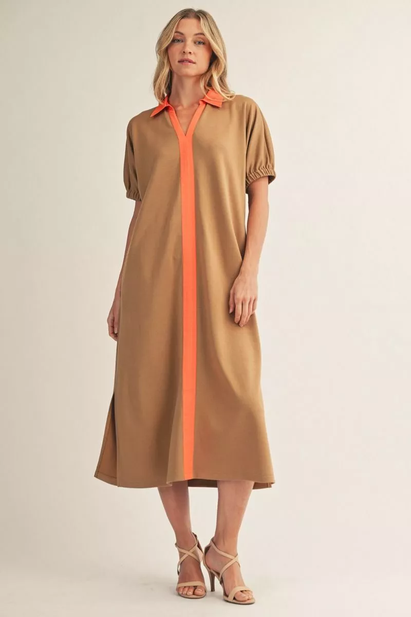 Drop Shoulder Taupe Midi Dress