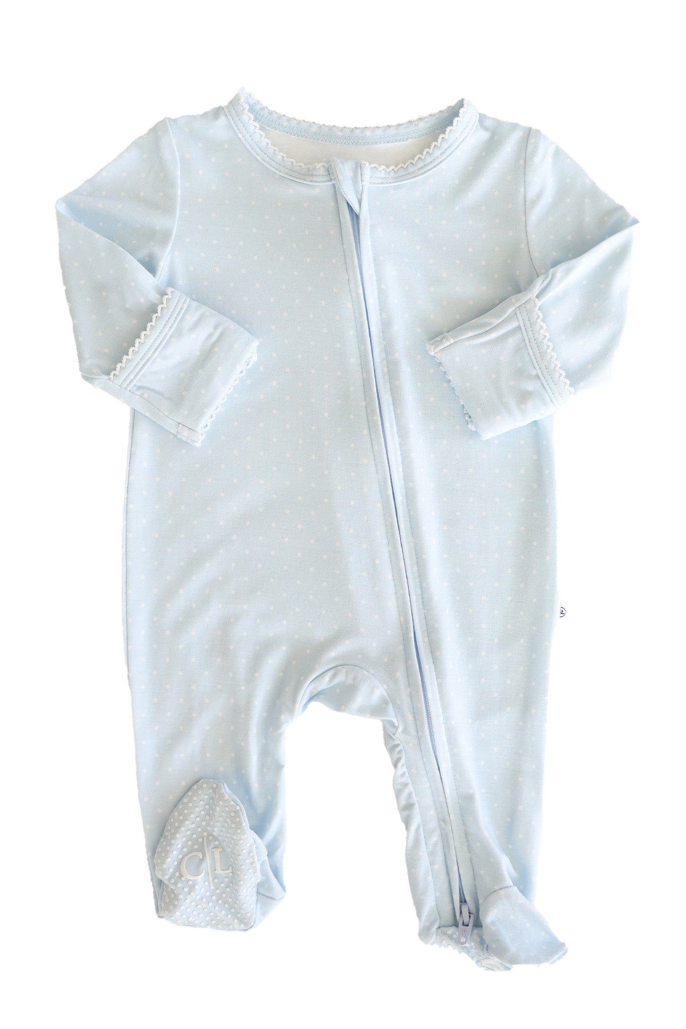Blue Dot Picot Trim Zipper Footie