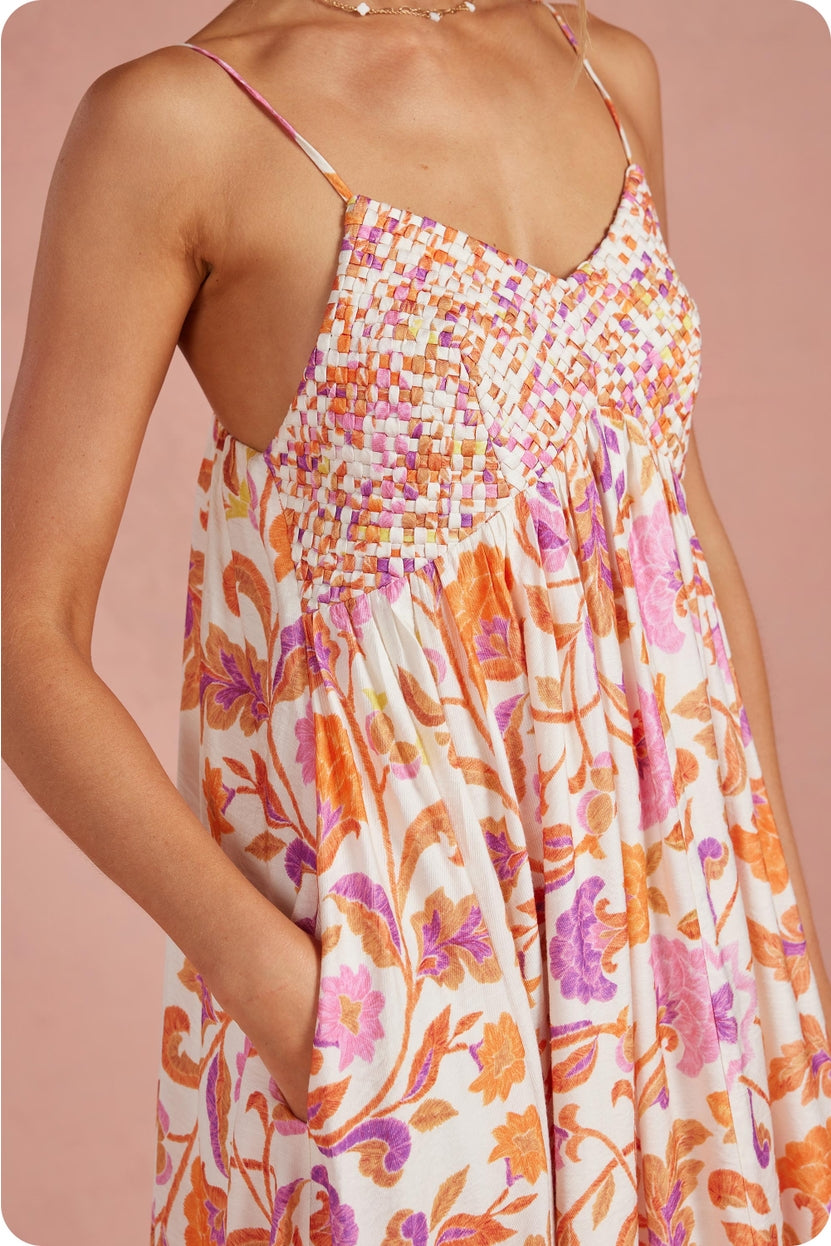 Floral Woven Lattice Bodice Maxi Dress