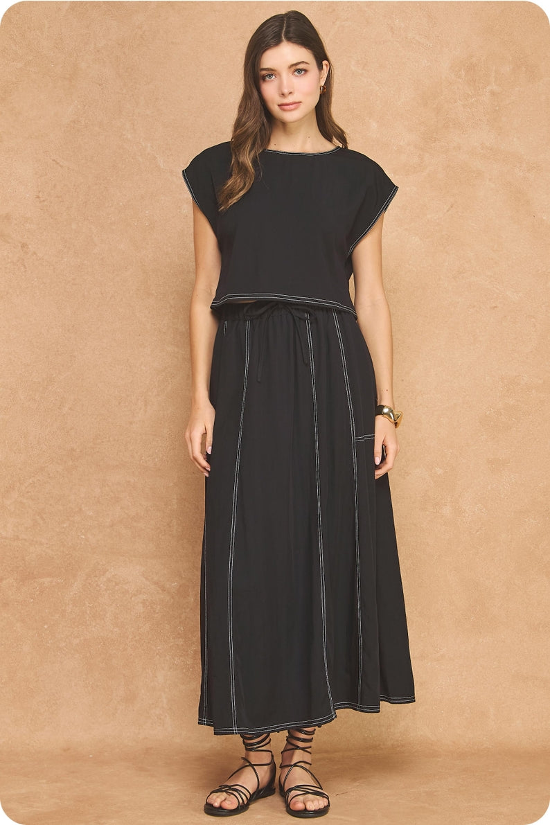 Black Contrast Stitch Skirt Set