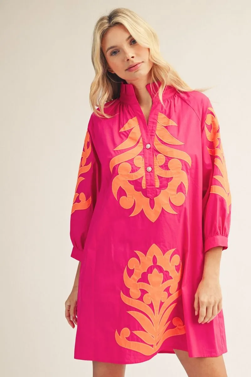 Fuchsia/Orange Baroque Floral Dress