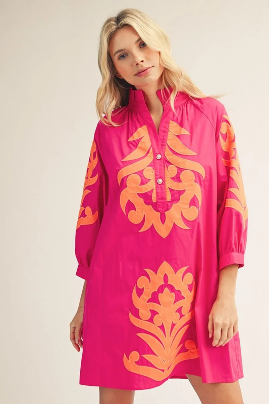 Fuchsia/Orange Baroque Floral Dress