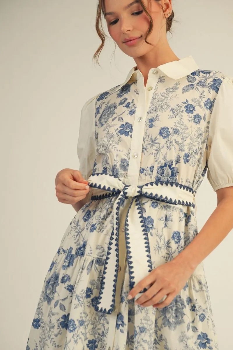 Blue Antique Floral Midi Dress