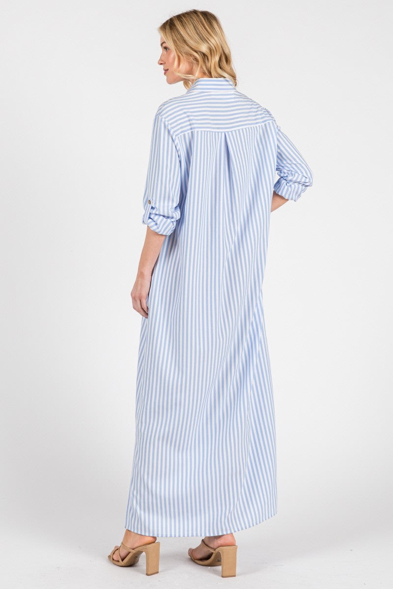 Blue Stripe Button Down Maxi Dress