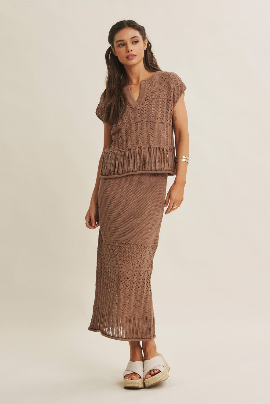Mocha Knit Pointelle Crochet Sweater