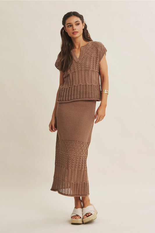 Mocha Knit Pointelle Crochet Sweater
