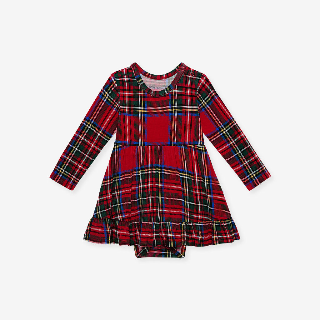 Red Tartan Plaid Twirl Bodysuit Dress