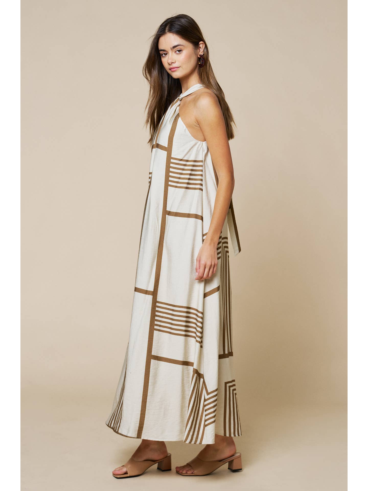 Taupe Geo Print Halter Maxi Dress