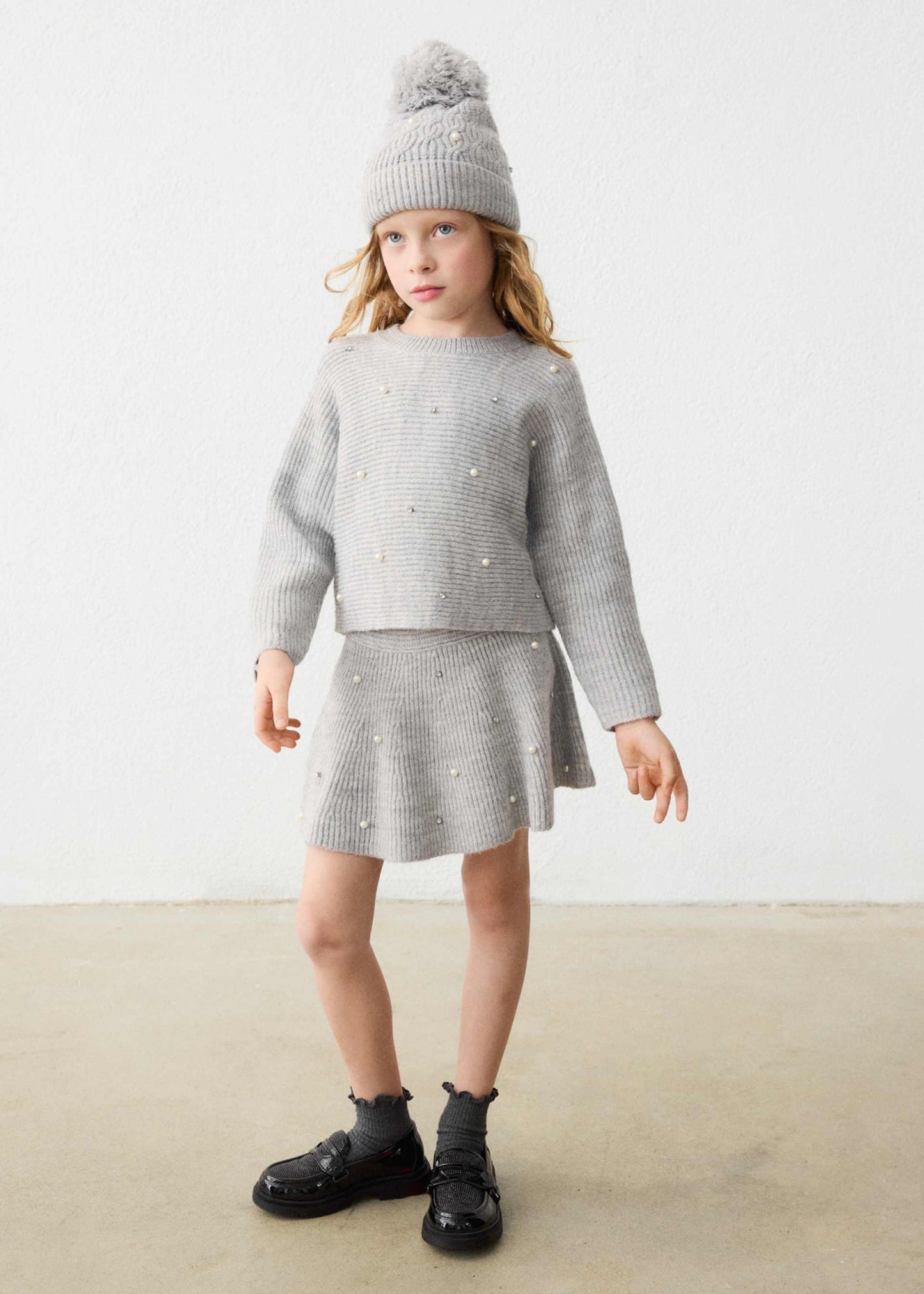 Grey Knit Sweater With Pearls