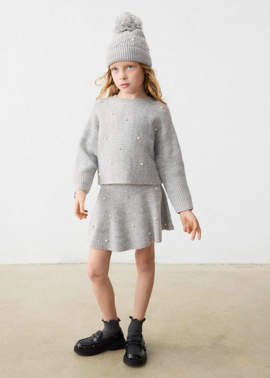 Grey Knit Sweater With Pearls