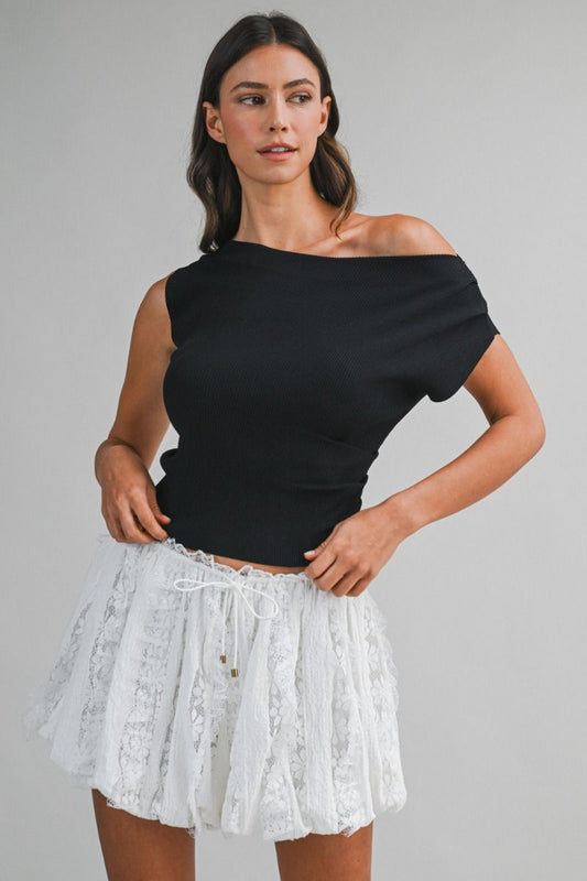 Black One-Shoulder Rib Knit Top