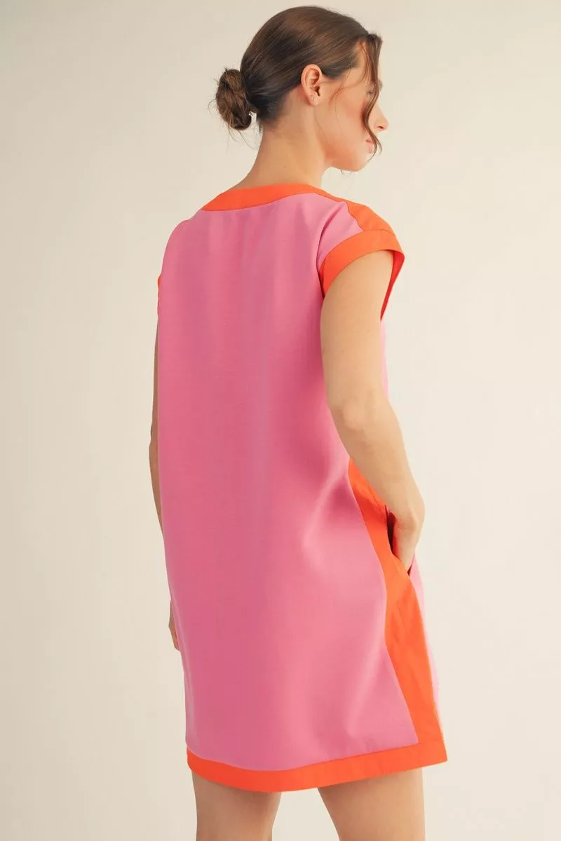 V-Neck Shift Dress - Pink/Orange