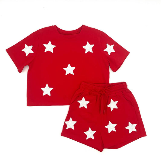 Red & White Sequin Star Short Set
