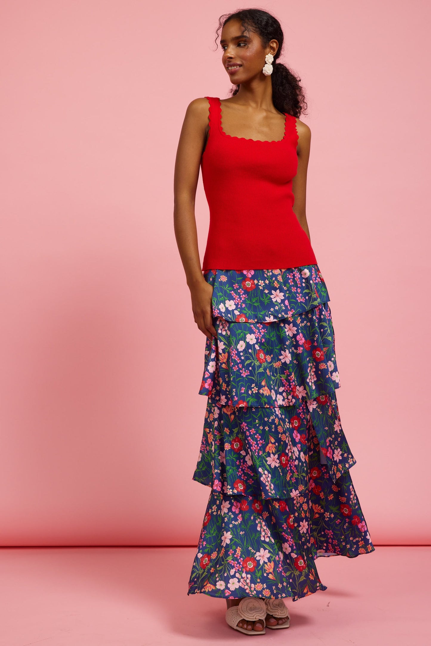 Red Scalloped Ribbed Top