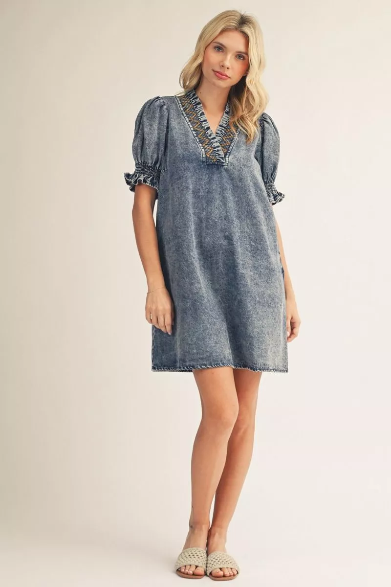 Washed Denim V-Neck Dress