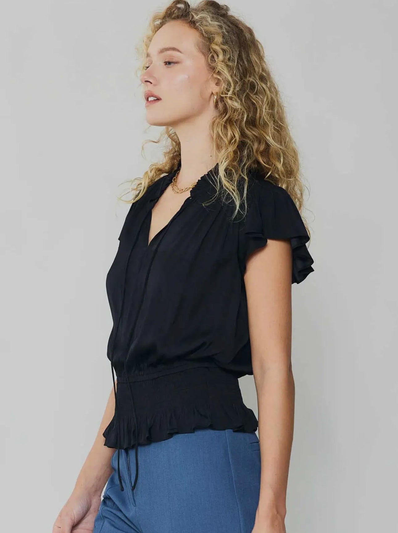 Smocking Waist Flutter Sleeve Blouse