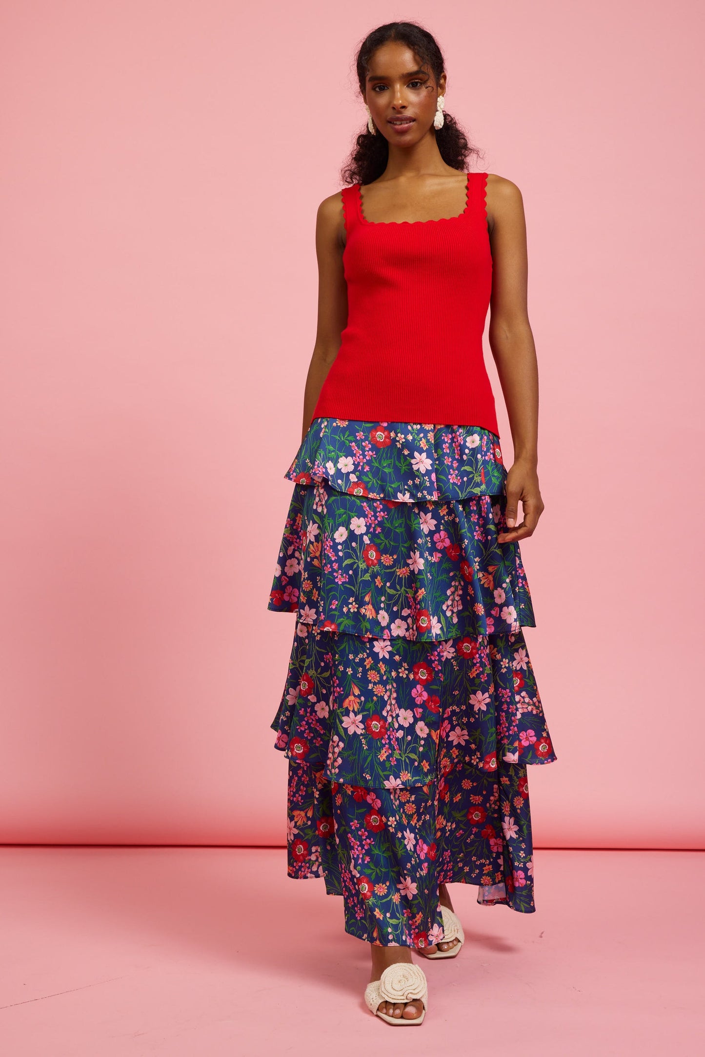 Red Scalloped Ribbed Top