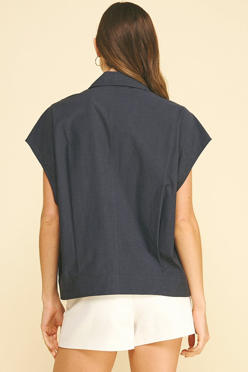 Navy Solid Cap Sleeve Blouse