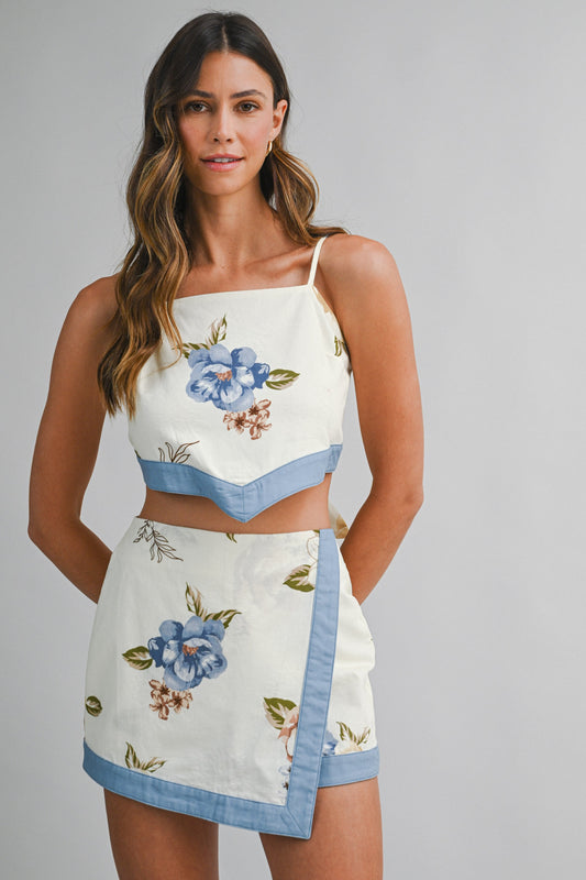 Blue Floral Tie Skort Set