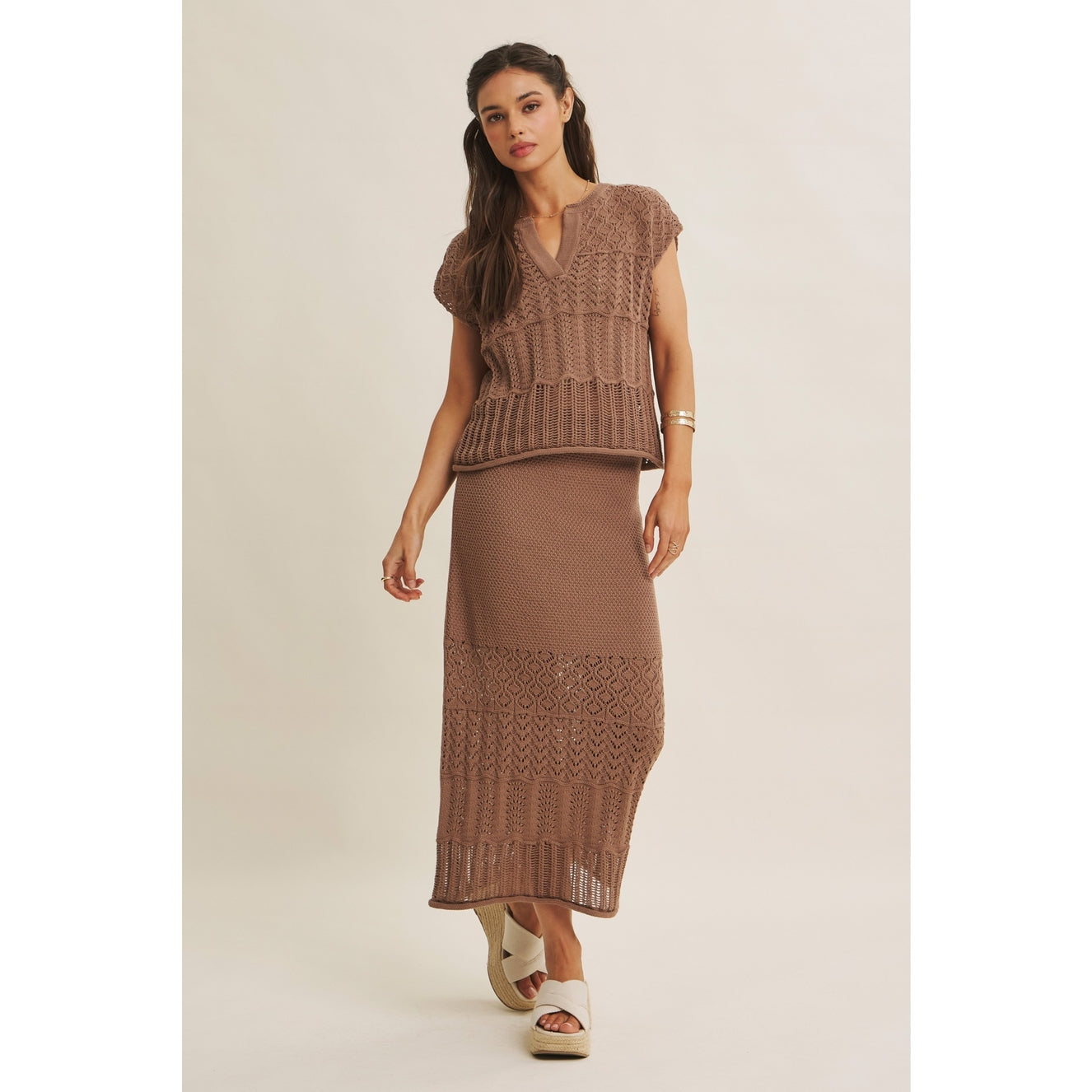 Mocha Pointelle Sweater Midi Skirt