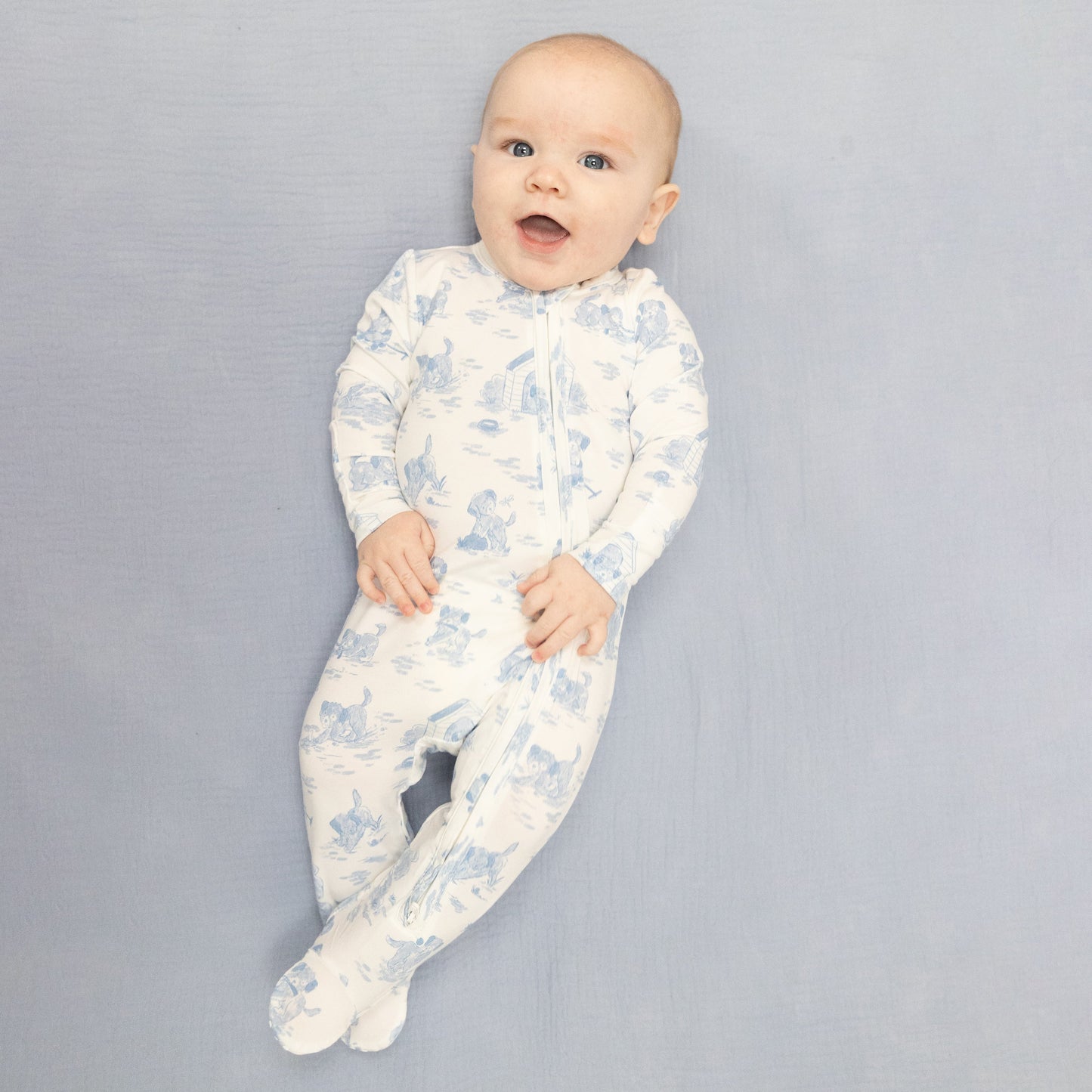Blue Puppy Toile Zip Footie