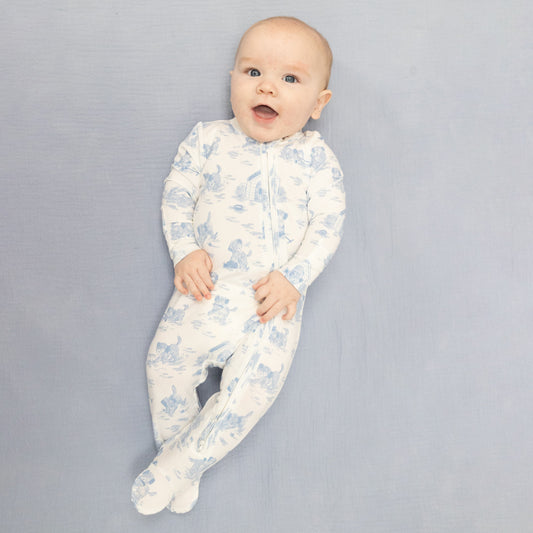 Blue Puppy Toile Zip Footie